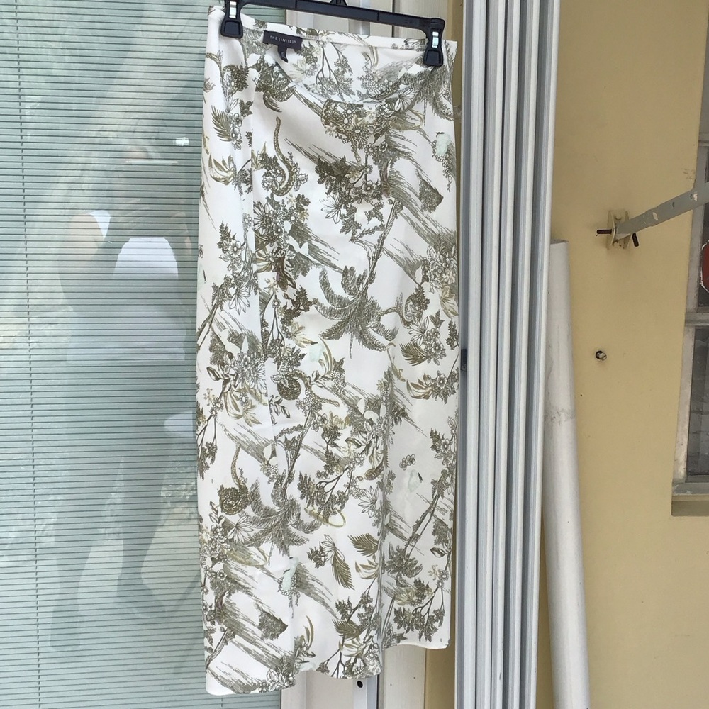 The Limited White and Olive Botanical Midi Skirt